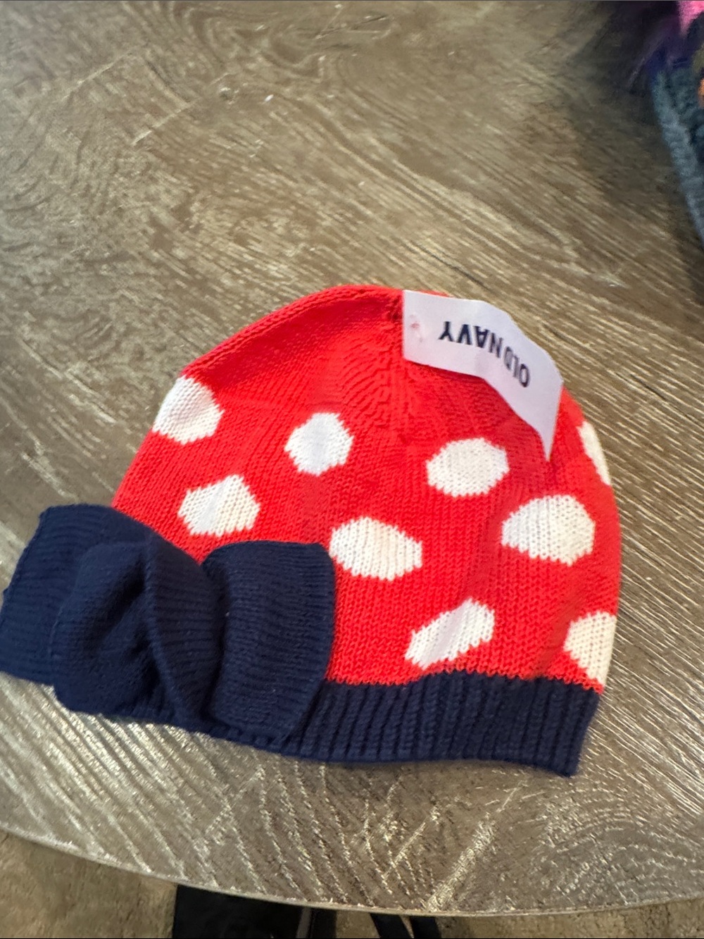 Old Navy Red Polka Dot Kids Knit Beanie with Navy Bow Trim